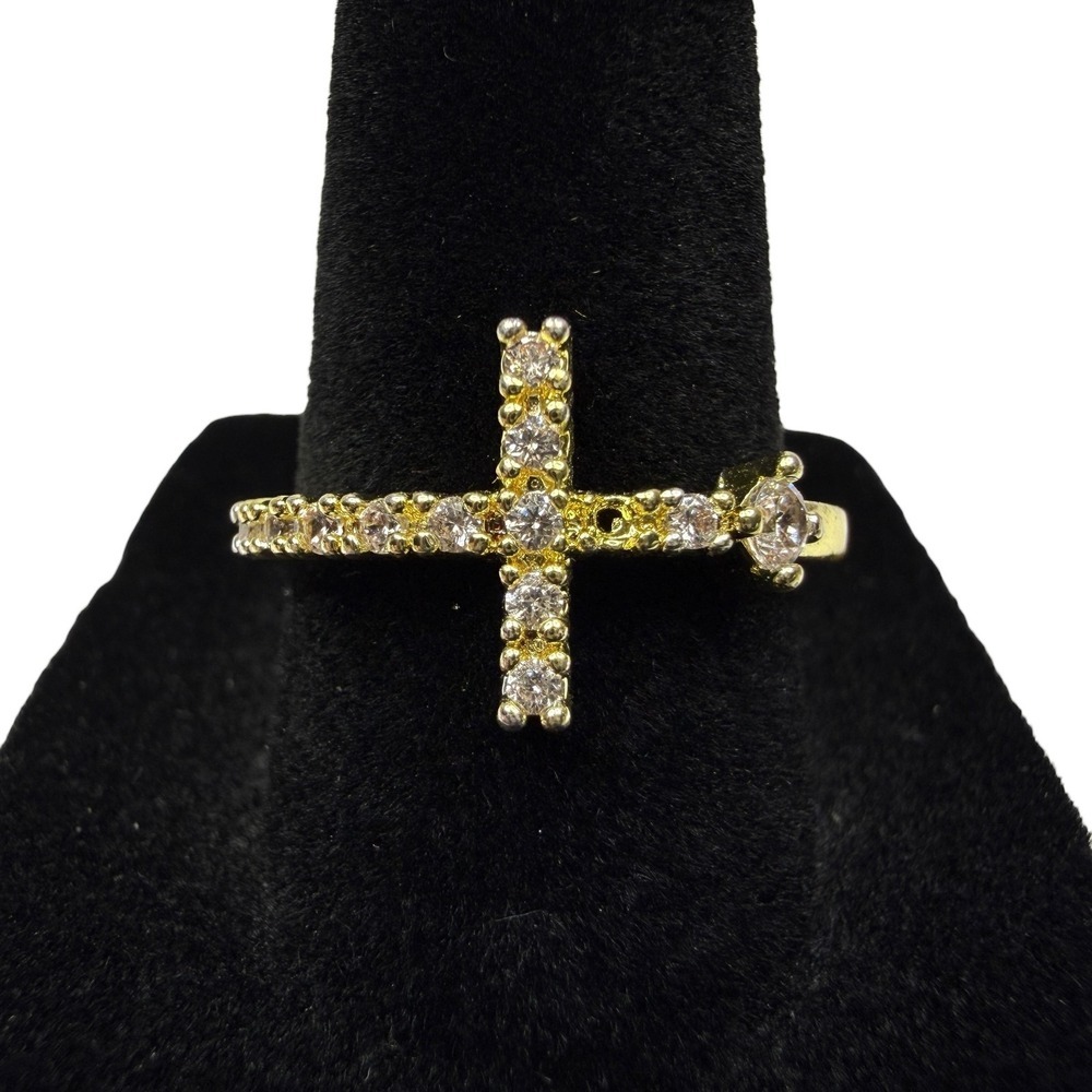 Gold Tone Cross Religious Christian Ring Clear Crystal Stones Jewelry Size 7.5